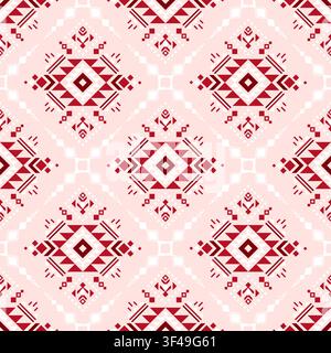 seamless vector pattern geometric ethnic tribal motifs monochrome grayscale red pink white design variety shapes triangles chevrons symmetrical vertic Stock Vector