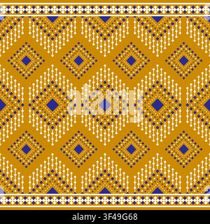 seamless vector pattern geometric ethnic tribal motifs monochrome grayscale yellow blue white design variety shapes triangles chevrons symmetrical ver Stock Vector