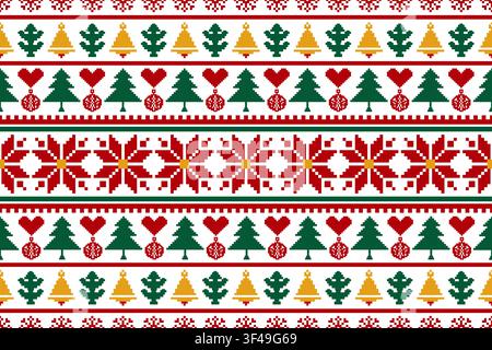 Christmas Knitted seamless pixel vector Pattern Snowflakes heart bells Festive Nordic Cross-stitch pattern Christmas trees, ornaments, bells bows, red Stock Vector