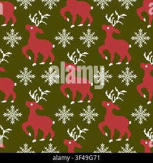 Christmas pixel art seamless pattern featuring red reindeer and white snowflakes on olive green background for festive winter holiday wallpaper and Stock Vector