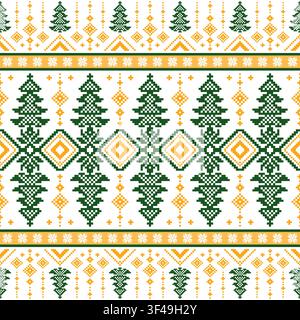Traditional Ukrainian Embroidery Seamless Pattern with Geometric Christmas Tree Ornaments in Green and Yellow Pixel Art Style Stock Vector