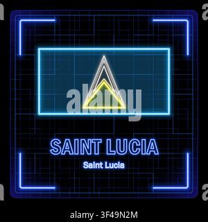 Saint Lucia flag symbol. Tech cyber data concept, editable strokes flag collection, bright neon design. Stock Vector