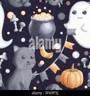 Watercolor seamless pattern with black kitten, ghost, boiling cauldron and pumpkins on dark purple background. Hand drawn illustration with cute festi Stock Photo