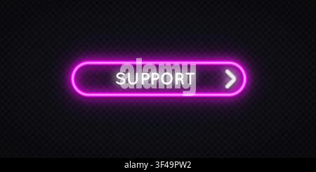 Neon purple glowing Support button with arrow on dark transparent background. Vibrant rounded UI element for help desk, website or app interface Stock Vector