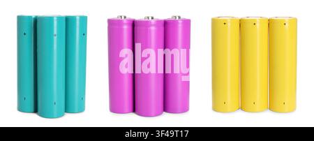 Alkaline batteries in different colors isolated on white, set Stock Photo