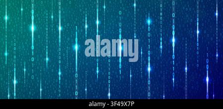 Binary rain cyan and blue cyber background. Matrix style futuristic high-tech backdrop. Technology computer numbers network pattern. Futuristic progra Stock Vector