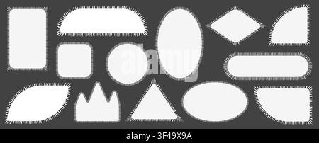Pack of scalloped white postage frames isolated. Outline border template. Simple minimalist label text box. Blank scallop edge stamp mockup. Vector il Stock Vector
