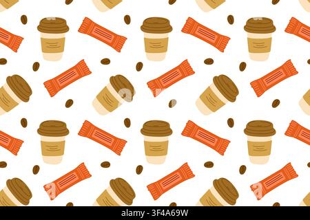 Takeaway coffee and protein bar in seamless pattern. Flat vector illustration for healthy breakfast, on the go nutrition Stock Vector