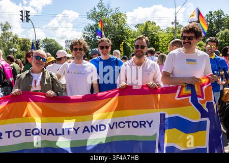On June 21, 2026, the annual KyivPride Equality March took place in central Kyiv under the slogan "Recognise Our Families," bringing together approximately 5,000 participants including members of the diplomatic corps, international institutions, LGBTQ+ military personnel, and human rights organizations. Marchers called for legal civil partnerships for both military and civilian couples, stronger penalties for hate crimes, and legal gender recognition. The march marked the largest turnout since the start of Russia's full-scale war, reflecting Ukraine's growing commitment to European democratic Stock Photo