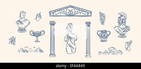 Hand drawn doodle antique Greece design elements, icons, symbols. Woman sculpture, Greek warrior statue, pillar, roman column, ancient theatre sketch Stock Vector