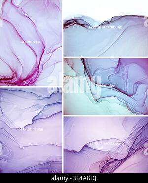 Set luxury abstract alcohol ink marble texture. Modern fluid art backgrounds. Stock Vector
