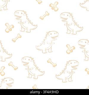 A seamless vector pattern featuring dinosaurs and bones in a line art style Stock Vector