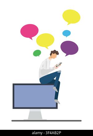Vector illustration of a person using a smartphone with colorful speech bubbles, representing social media, online messaging, digital communication, a Stock Vector