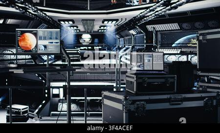 Laptop in space station displaying detailed mission analytics panel during cosmic trip to Mars. Notebook in starship doing readouts for upcoming extraterrestrial red planet expedition Stock Photo