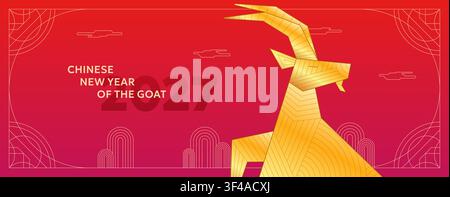 Festive horizontal 2027 Chinese new year goat frame vector. Red golden geometric cloud lantern icon pattern background. Asian lunar zodiac sheep culture greeting card banner template. Stock Vector