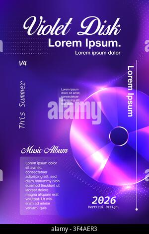 Futuristic Purple Music Poster Design with Glowing CD Disc, Dot Waves, and Glassmorphism Layout Stock Vector