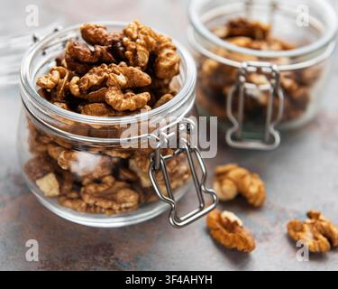 Walnuts without shell on a concrete background Stock Photo
