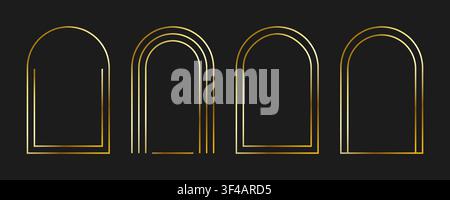 Thin line golden metal arch frame set. Gold arc door or window border collection. Art deco style shining curve cadre bundle. Vector luxury glowing shiny boarder element pack for photo, poster, card Stock Vector