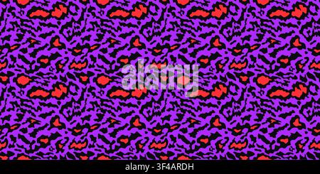 Abstract red purple leopard seamless pattern. Repeated trendy vibrant cheetah background. Repeating exotic animal backdrop for textile design, fashion print. Bright safari theme wallpaper. Vector Stock Vector