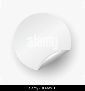 A realistic template of a blank white circular sticker or label with a slightly peeled and curled bottom corner. This isolated object features soft dr Stock Vector