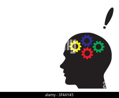 Black head silhouette with four colorful gears and exclamation mark, symbolizing ideas, creativity, thinking, innovation, problem solving Stock Vector
