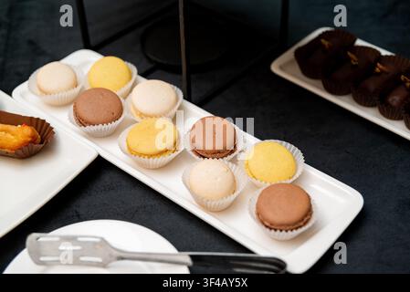 Delicious macarons arranged neatly on white trays. Assorted colors include brown, yellow, and white. Dark chocolate pastries visible in background. El Stock Photo