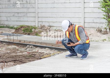 Construction engineer inspecting concrete pavement at a building site using a tablet and taking notes while checking quality safety and project progre Stock Photo