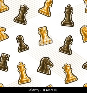 Vector Chess Seamless Pattern, repeating background with cut out cartoon chess pieces for strategic sport, square placard with group of simple outline Stock Vector