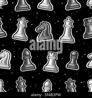 Vector Chess Seamless Pattern, repeating background with cut out cartoon chess pieces for intellectual sport, square cover with group of simple outlin Stock Vector