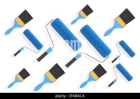 Various colorful paint rollers and brushes laid out in diagonal pattern isolated on white background with clipping path, concept of painting tools and Stock Photo