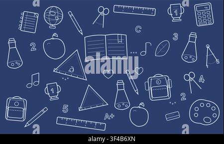 Collection of white line art school supplies and educational icons on a dark blue background Stock Vector