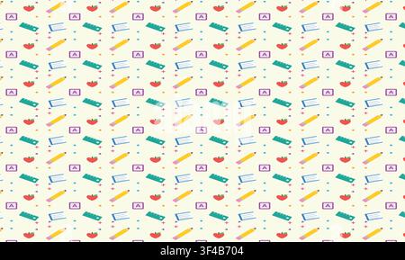 Seamless pattern of school supplies and geometric shapes on a cream background Stock Vector