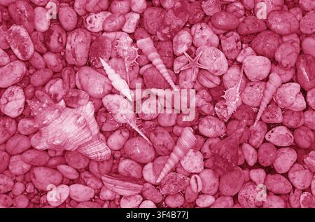 Pop Art Surreal Style of Gradient Bright Maroon Pebble Stones with Tiny Seashells Stock Photo