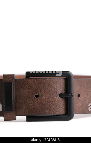Close up brown textured leather belt with black square buckle on white studio background Stock Photo