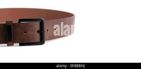 Macro shot brown leather belt with black metal buckle isolated on clean white background Stock Photo
