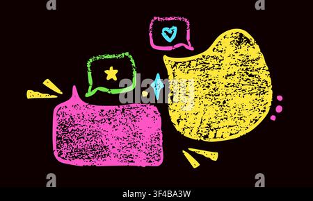 Design with yellow and magenta crayon hand drawn irregular speech bubbles. Stock Vector