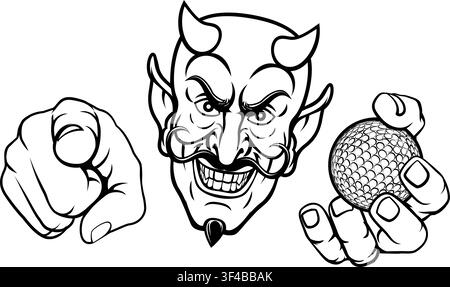 A devil man holding golf ball and pointing sports team mascot illustration. Stock Vector