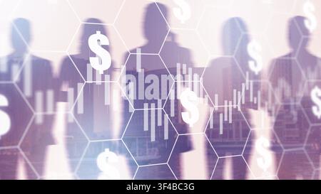 Business chart shows stock exchange activity with silhouettes of traders Stock Photo