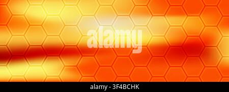 Vibrant hexagon wide abstract background. Blurred soft red yellow and orange creative banner with hexagonal honeycomb texture. Vector illustration Stock Vector