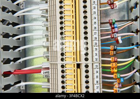 Electrical wires and cables connecting to numbered terminal blocks, carrying power and data signals within an industrial control panel, representing c Stock Photo