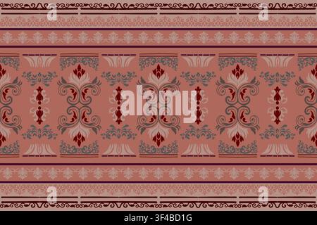 Geometric Ethnic Oriental Seamless Pattern traditional design artwork symmetrical motifs floral elements against peach rose-toned background Stock Vector