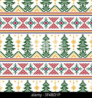 Traditional Ethnic Pixel Art Seamless Pattern, Geometric Tribal Christmas Ornament Background, Embroidered Folk Style Textile Design Stock Vector