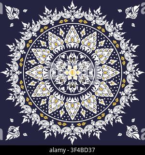 symmetrical mandala-style traditional Thai art, Lai Thai, white gold navy blue background floral motifs circles radiating classic Southeast Asian deco Stock Vector