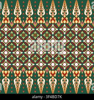 Thai Folk art design pattern Classic Damask Seamless Vector Illustration Elegant Vintage Floral carpet Luxury cloth Home Decoration green red yellow o Stock Vector