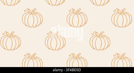 Autumn pumpkin cross stitch embroidery seamless pattern banner. Vintage pixelated needlework repeating background with handmade monochrome orange Stock Vector