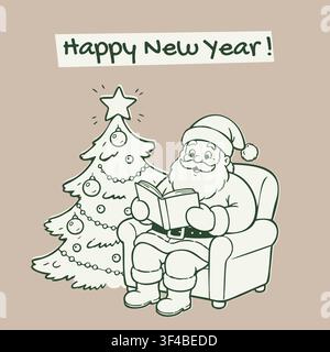 New Year greeting card with Santa Claus reading a book in an armchair beside a decorated Christmas tree and a Happy New Year message on a beige Stock Vector