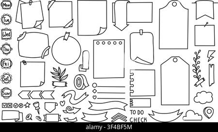 Bullet Journal Elements and Memo Pads Set. Blank Note Paper Templates, Days of Week, Sheet, To Do List, Ribbon Banners and Tags, Reminder, Stationery Stock Vector