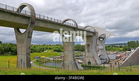 Falkirk Wheel rotating boat lift linking the Forth and Clyde Canal with the Union Canal, Falkirk, Scotland, UK, under cloudy summer skies. Stock Photo