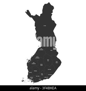 Finland political map of administrative divisions - regions and one autonomous region of Aland. Flat dark grey map on white background with province name labels Stock Vector