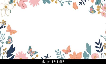 Elegant Botanical Border Vector Illustration with Stylized Flowers, Leafy Branches, and Butterflies; Minimalist Floral Frame Template with Copy Space Stock Vector